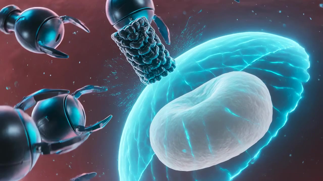 Forming cyan membrane around pale oblong cell in plasma as capsule approaching, probes sealing