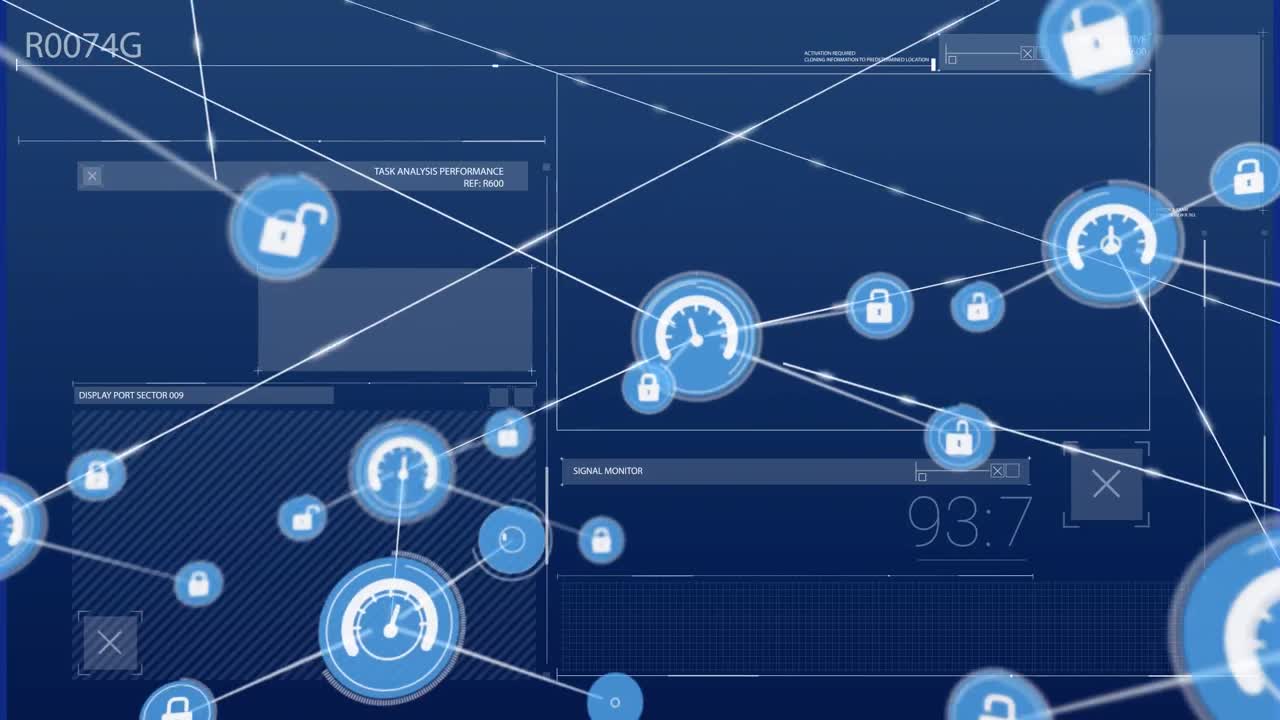 Animation of network of connections with icons over data processing on black background