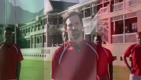 animation of flag of italy over diverse male rugby players at pitch