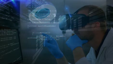 animación de procesamiento de datos sobre hombre caucásico usando auriculares vr en el taller