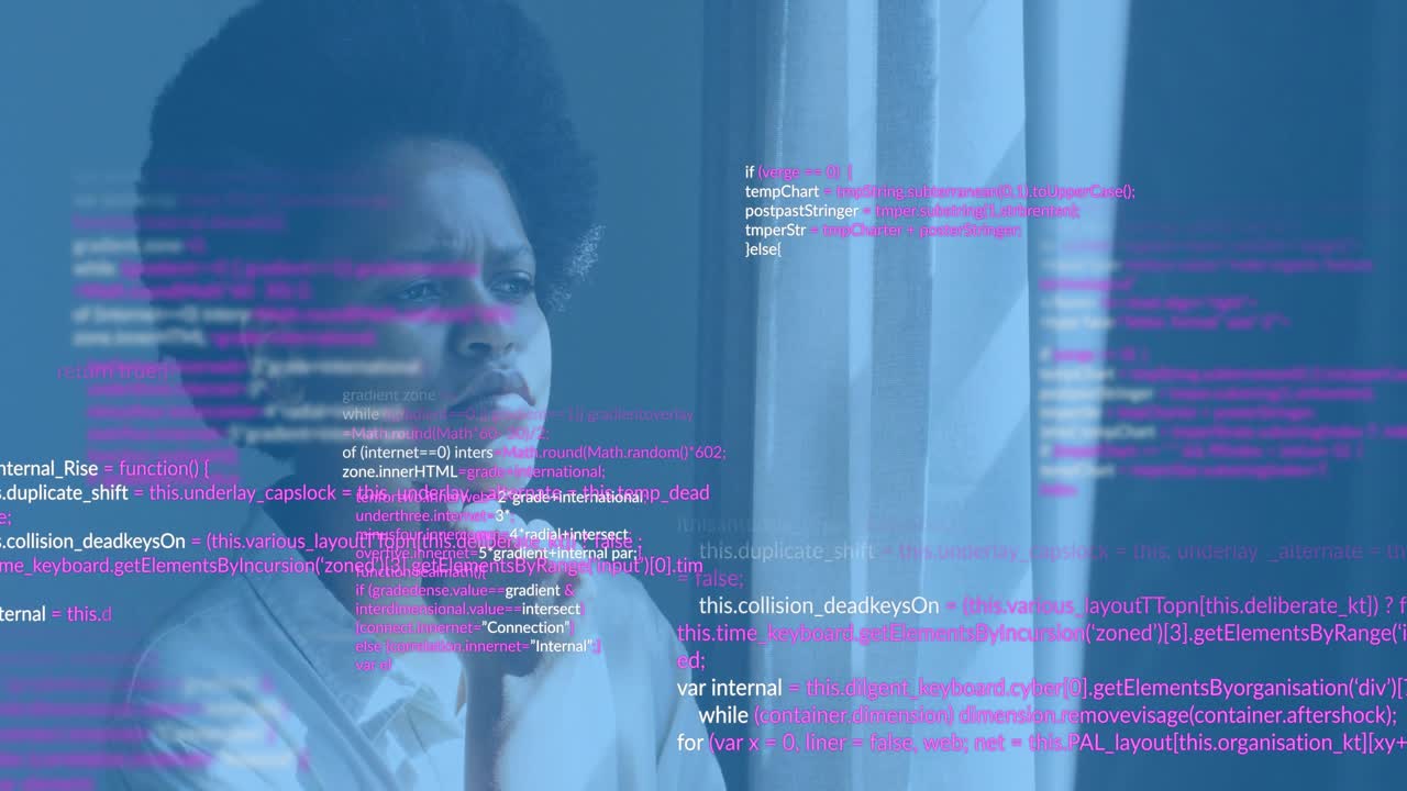 Tech professional at window analyzing magenta code overlay as scrolling intensifies