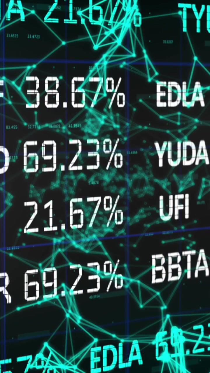Animazione di elaborazione dati finanziari su rete verde di connessioni