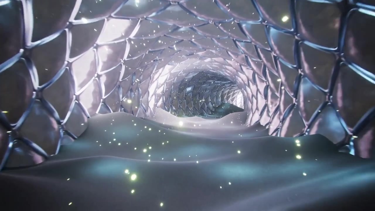 Starting camera drifting through metallic tessellated tunnel at center, revealing glowing motes