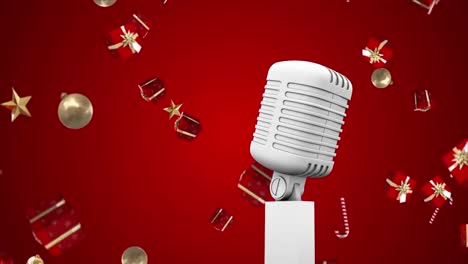 Animation-of-vintage-microphone-with-christmas-presents-falling-on-red-background