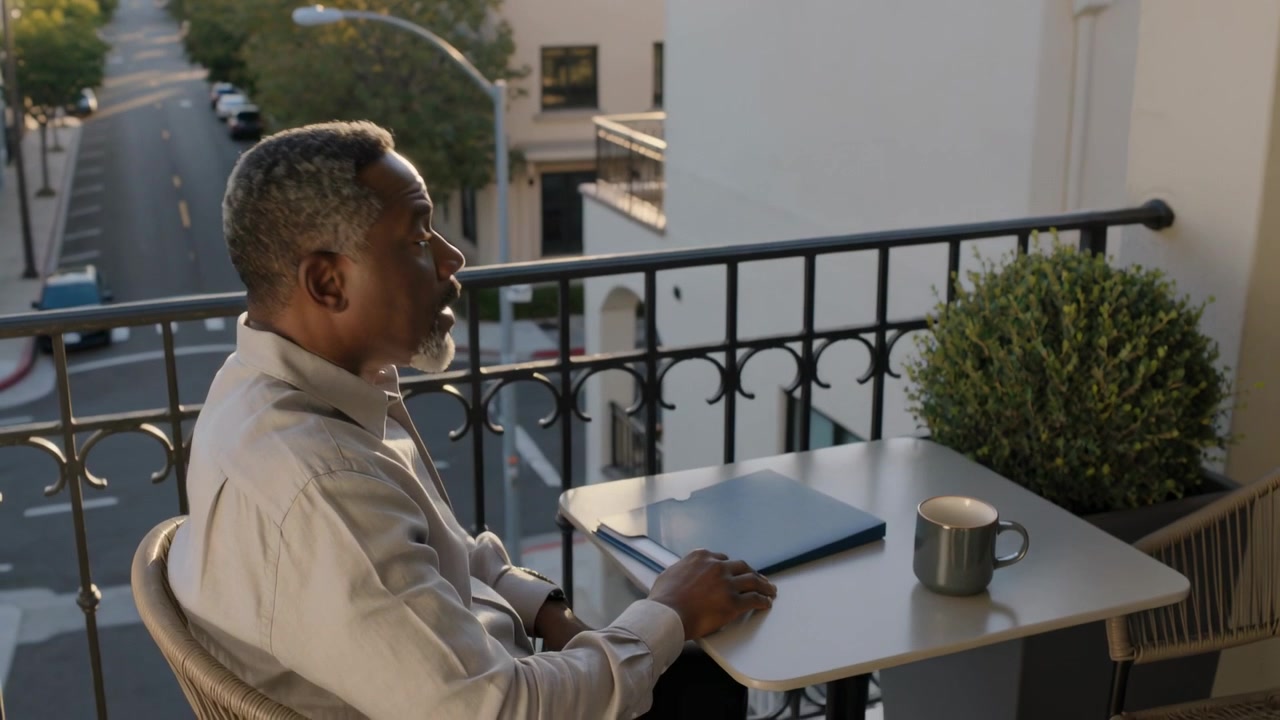 Holding papers senior man in light shirt flipping and reviewing papers on balcony, placing folio