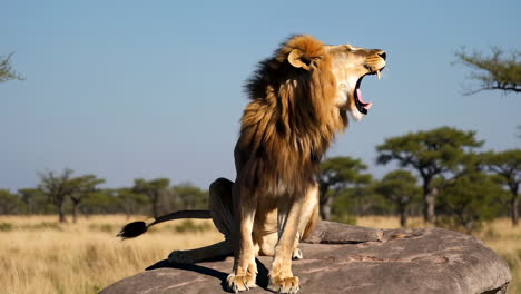 lion yawning on a rock in the savanna