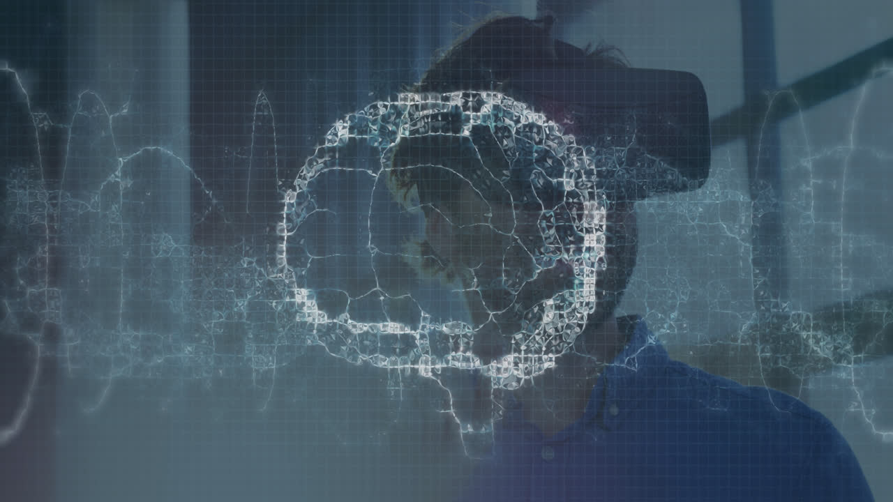 Animation of human brain spinning and data processing over businessman wearing vr headset