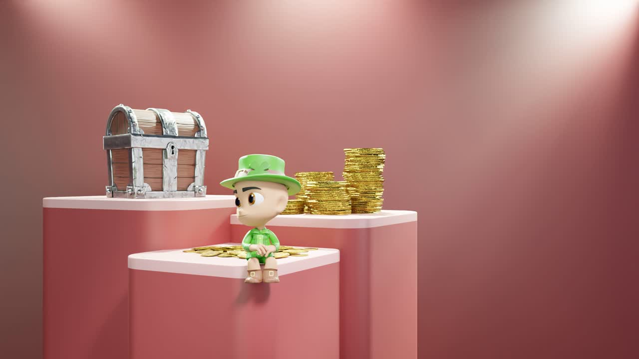 패트릭 데이 아일랜드 컨셉: 제품 온라인 전자 상거래 디스플레이에 대한 피데스탈에 앉아있는 아일랜드 난쟁이 금 보물과 돈 동전 빨간 배경