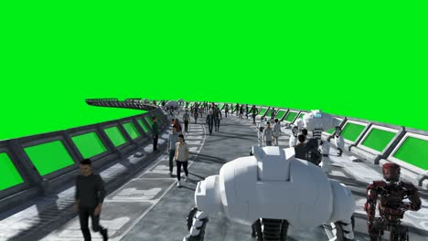 gente y robots. sci fi tonnel. tráfico futurista. concepto del futuro. imágenes de pantalla verde. animación realista en 4k.