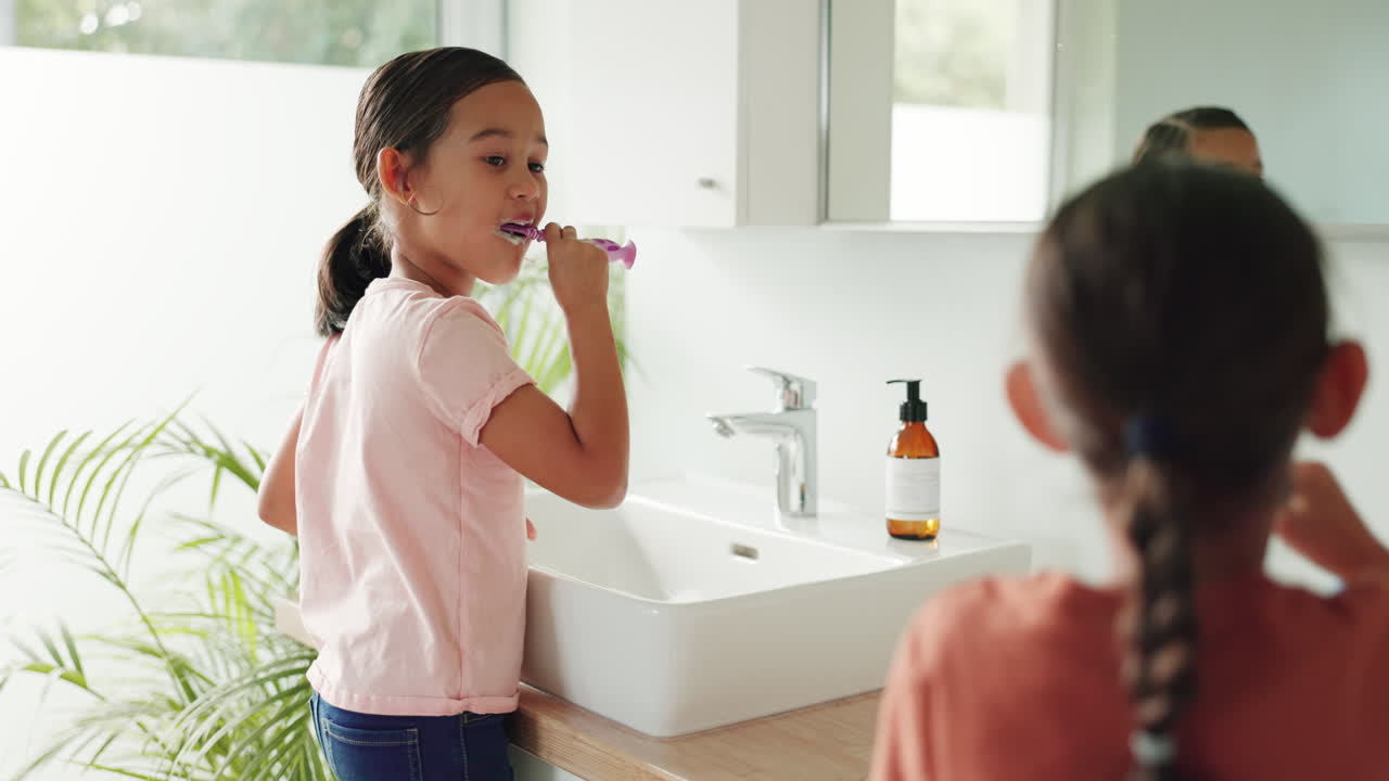 Siblings, home or children in bathroom brushing