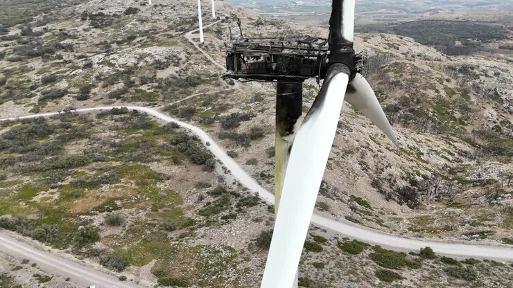 Closeup view of a wind turbine destroyed by a fire in a arid mountanous area in SE Spain