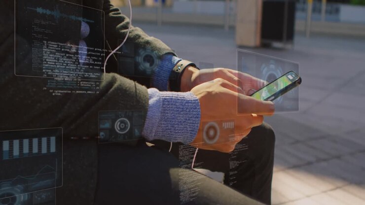 Animation of data processing against mid section of man using smartphone on the street