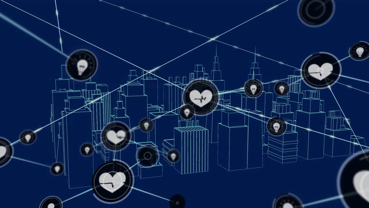아이콘과 도시 풍경과의 연결 네트워크의 애니메이션