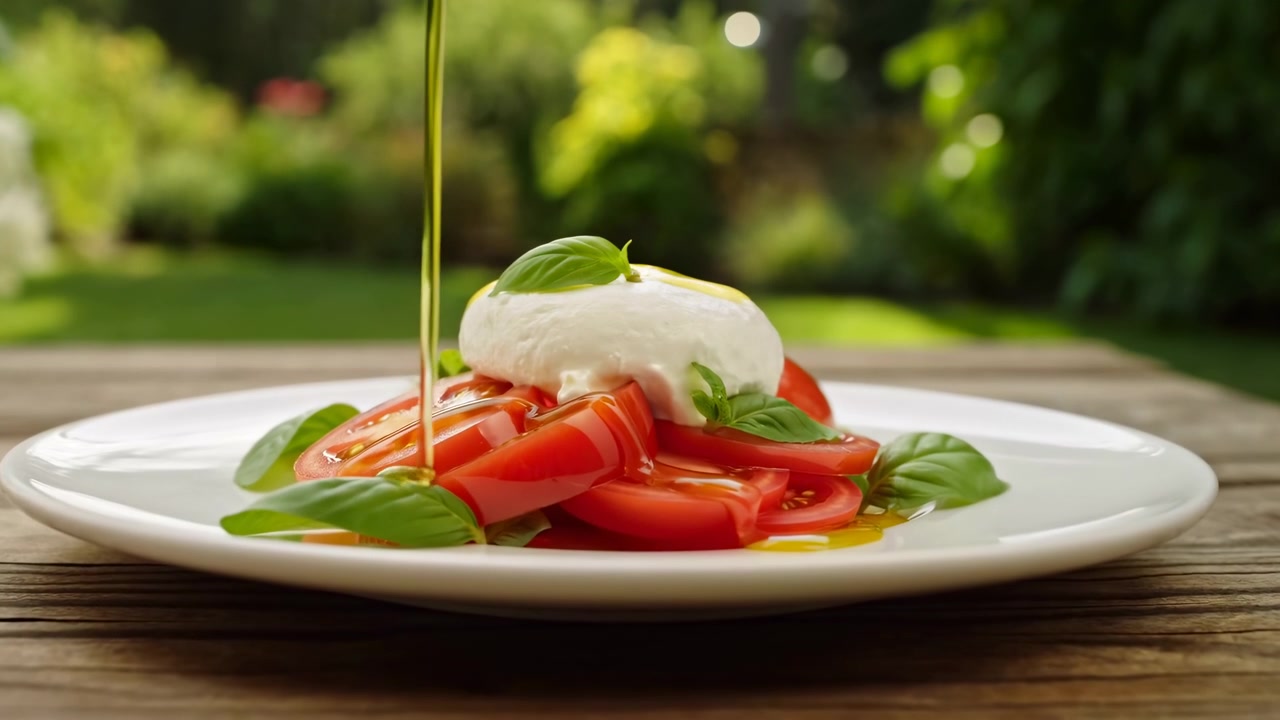 Burrata fresca e pomodoro a fette, conditi con basilico e olio d'oliva, su piatto bianco posizionato su tavolo di legno in un giardino soleggiato.