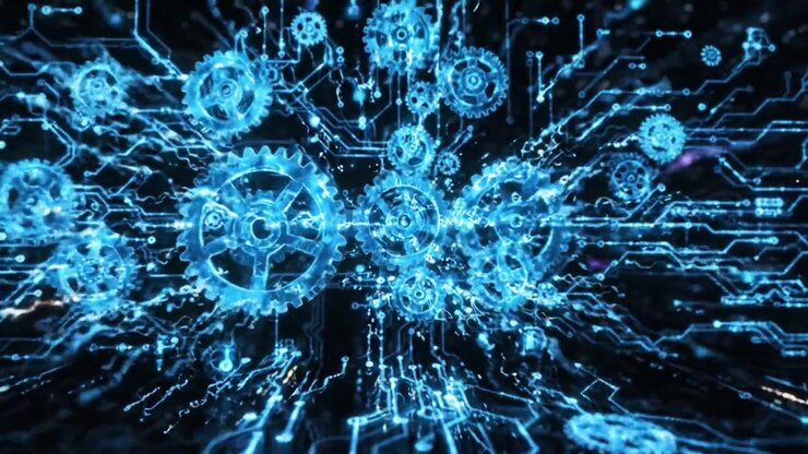 A Stunning Visual Journey Through the Interplay of Mechanisms and Technology, Highlighting the Intricate Design of Gears in a Digital Universe of Light and Energy.