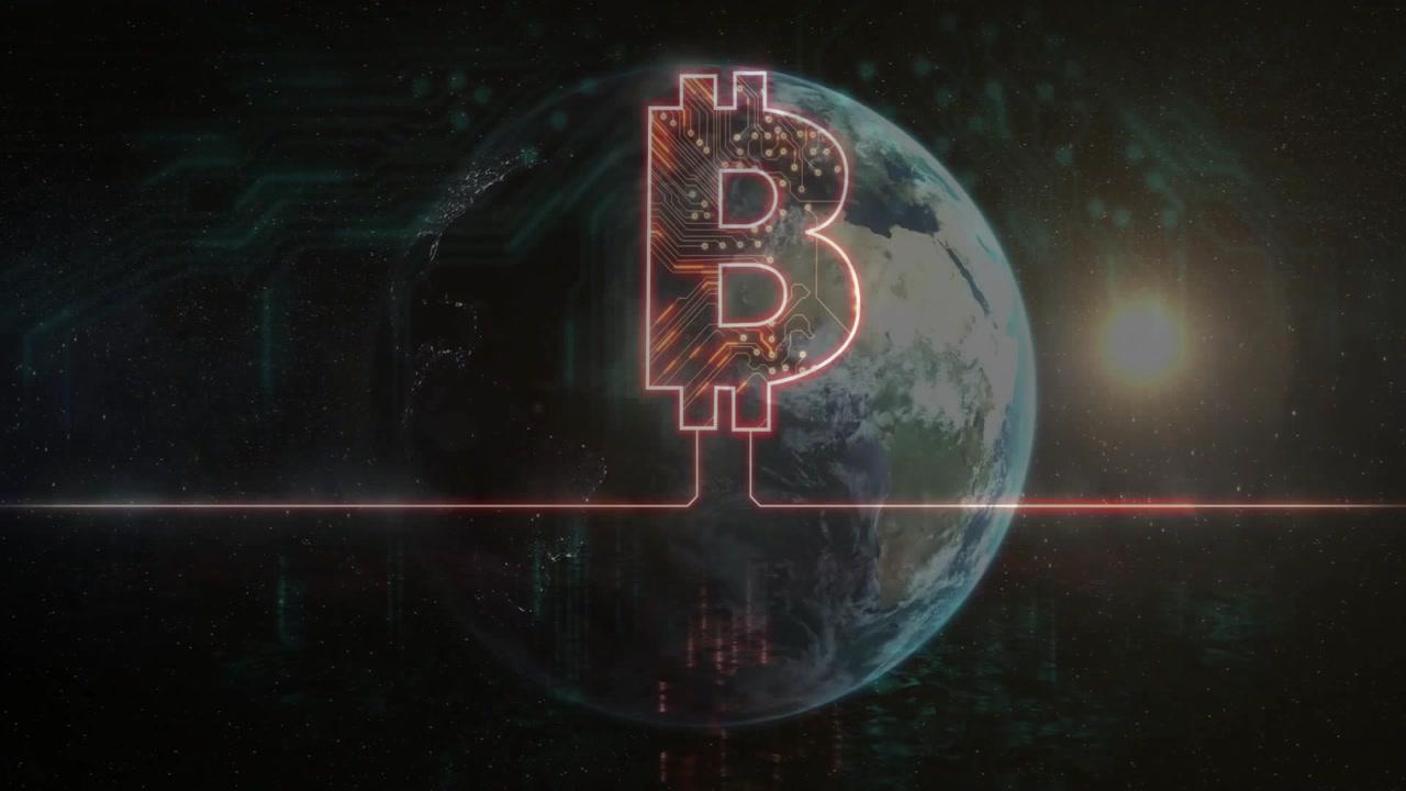 Una linea rossa scorre, un bitcoin al neon si forma e i circuiti si illuminano, mentre un pianeta ruota visualizzando le criptovalute.
