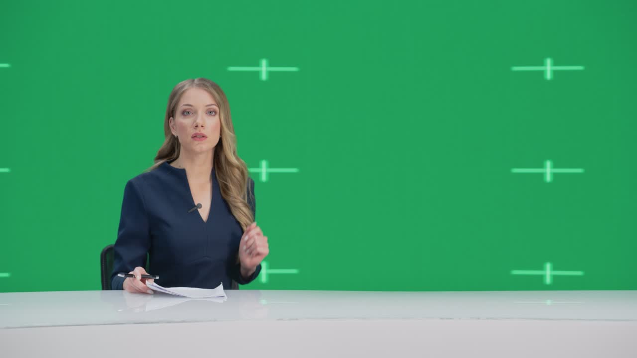 sala de noticias estudio de televisión programa de noticias en vivo: presentadora caucásica reportando, pantalla verde croma pantalla clave imagen. canal de cable de televisión ancla mujer habla. reproducción de maqueta de transmisión de red