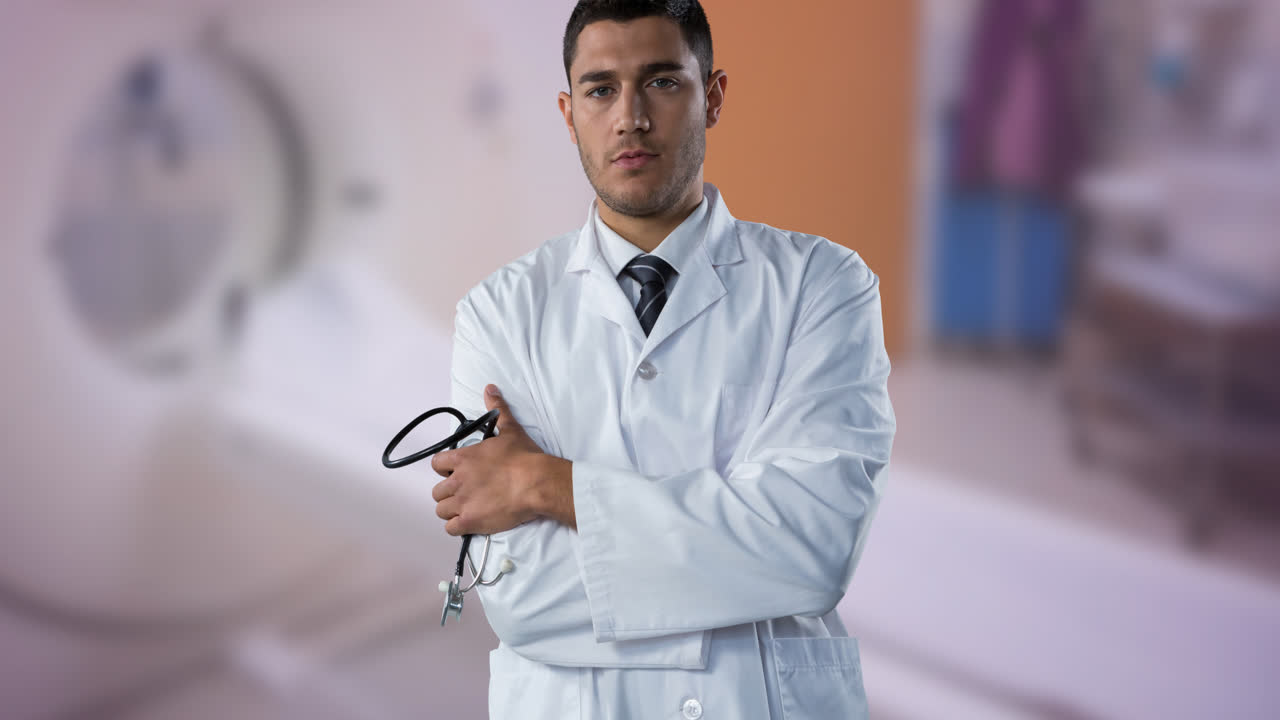 Animation of caucasian male doctor with stethoscope over blue ribbon