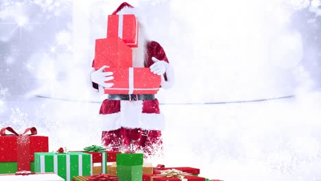 Der-Weihnachtsmann-Hält-Weihnachtsgeschenke-In-Kombination-Mit-Fallendem-Schnee