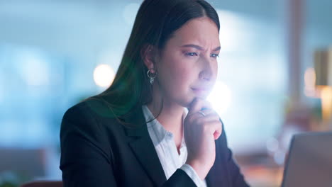 business woman, thinking and ideas on computer