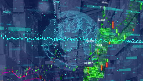 animación del globo y la interfaz digital con procesamiento de datos sobre el almacén