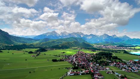 Panorama-from-the-air-Forggensee-and-Schwangau,-Germany,-Bavaria