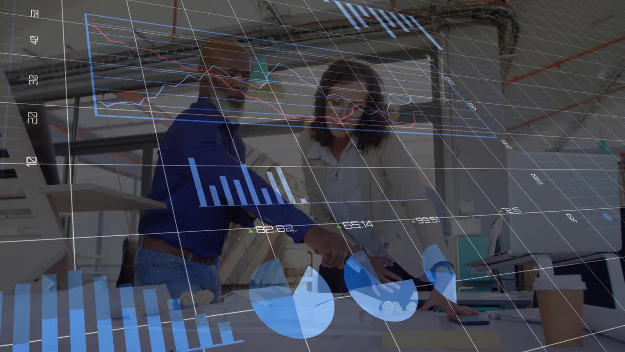 Financial data charts animation over business people discussing documents in office