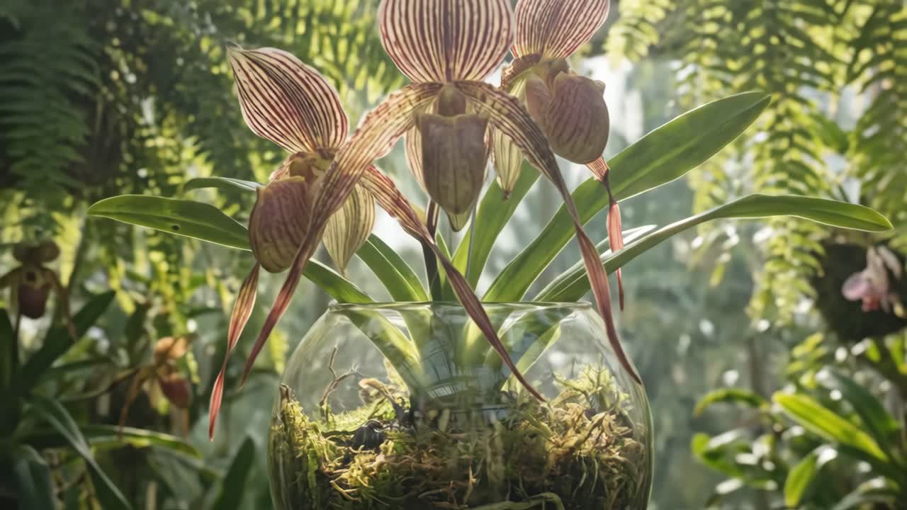 Eksotiske stribede orkideblomster i et hængende glasterrarium