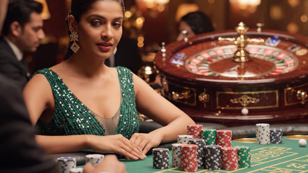 Mujer elegante jugando a las cartas y elaborando estrategias en una mesa de ruleta en un glamuroso casino, lleno de fichas de colores y una atmósfera dinámica