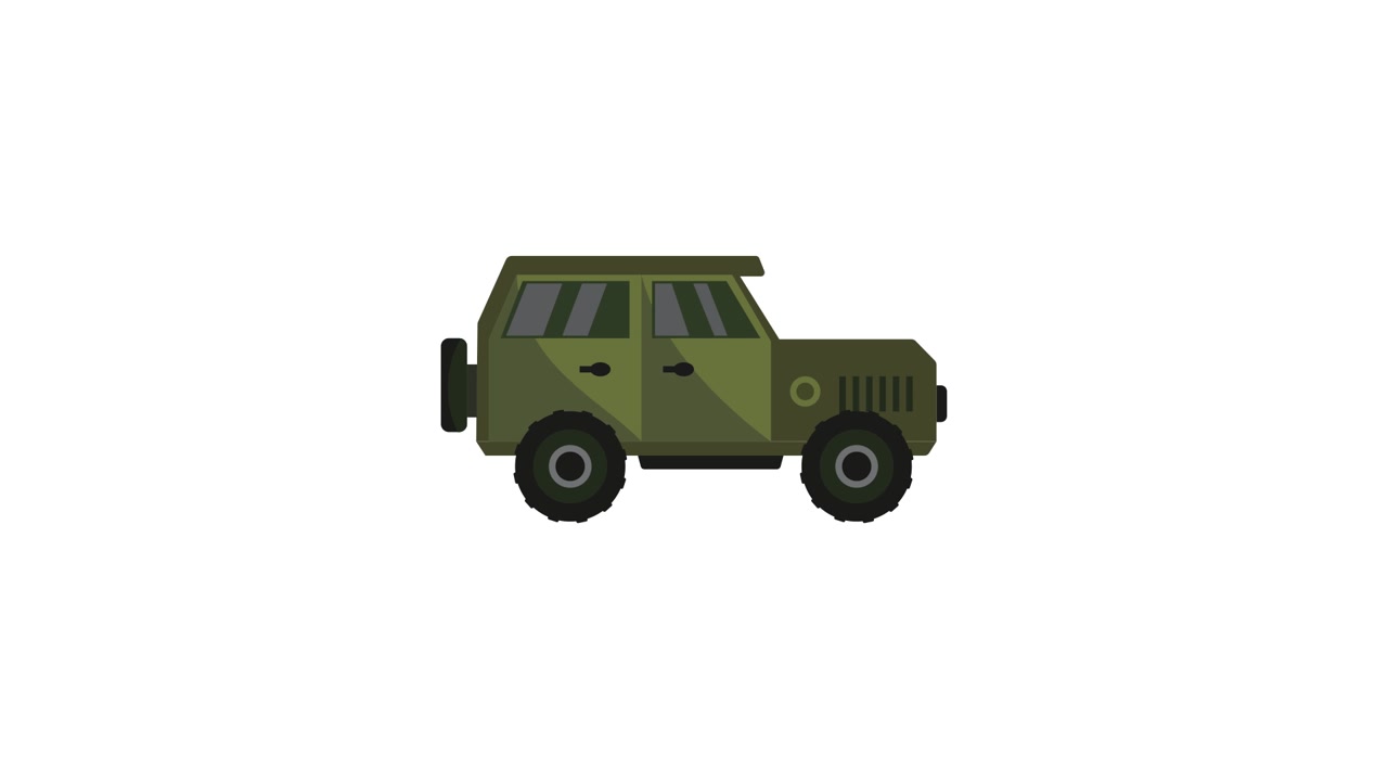 Animazione 2D di una Jeep verde che si assembla su sfondo bianco