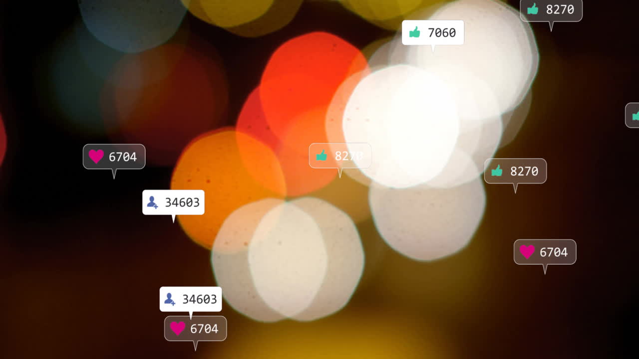 Animation of colorful bokeh lights with social media notification icons floating