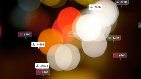 animation of colorful bokeh lights with social media notification icons floating