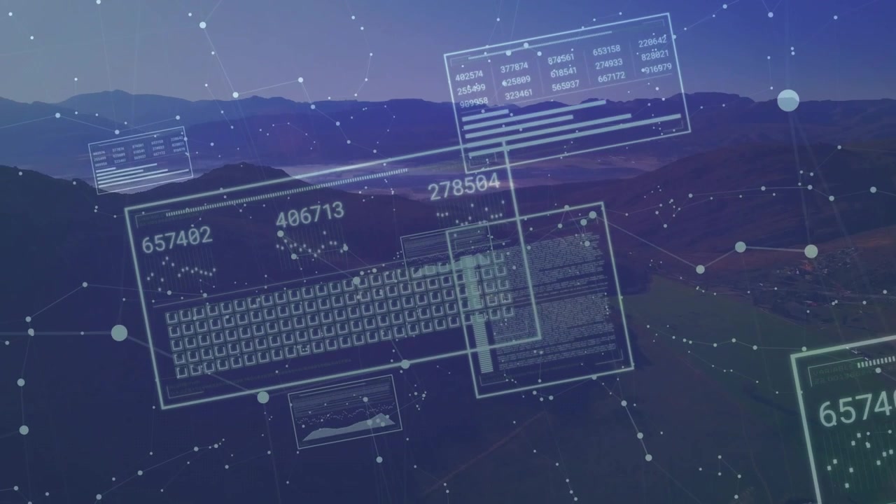 Mountain horizon opening view initiating panels fading in updating numeric data mapping flows