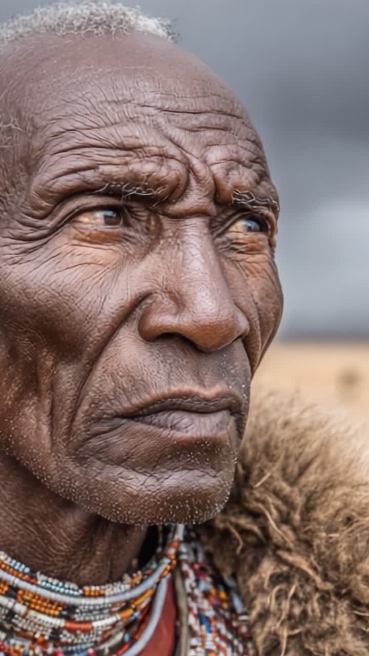 O Olhar Firme de um Ancião: Capturando a Sabedoria e a Resiliência no Rosto Marcado pelo Tempo de um Ancião Tribal Sob Céus Dramáticos