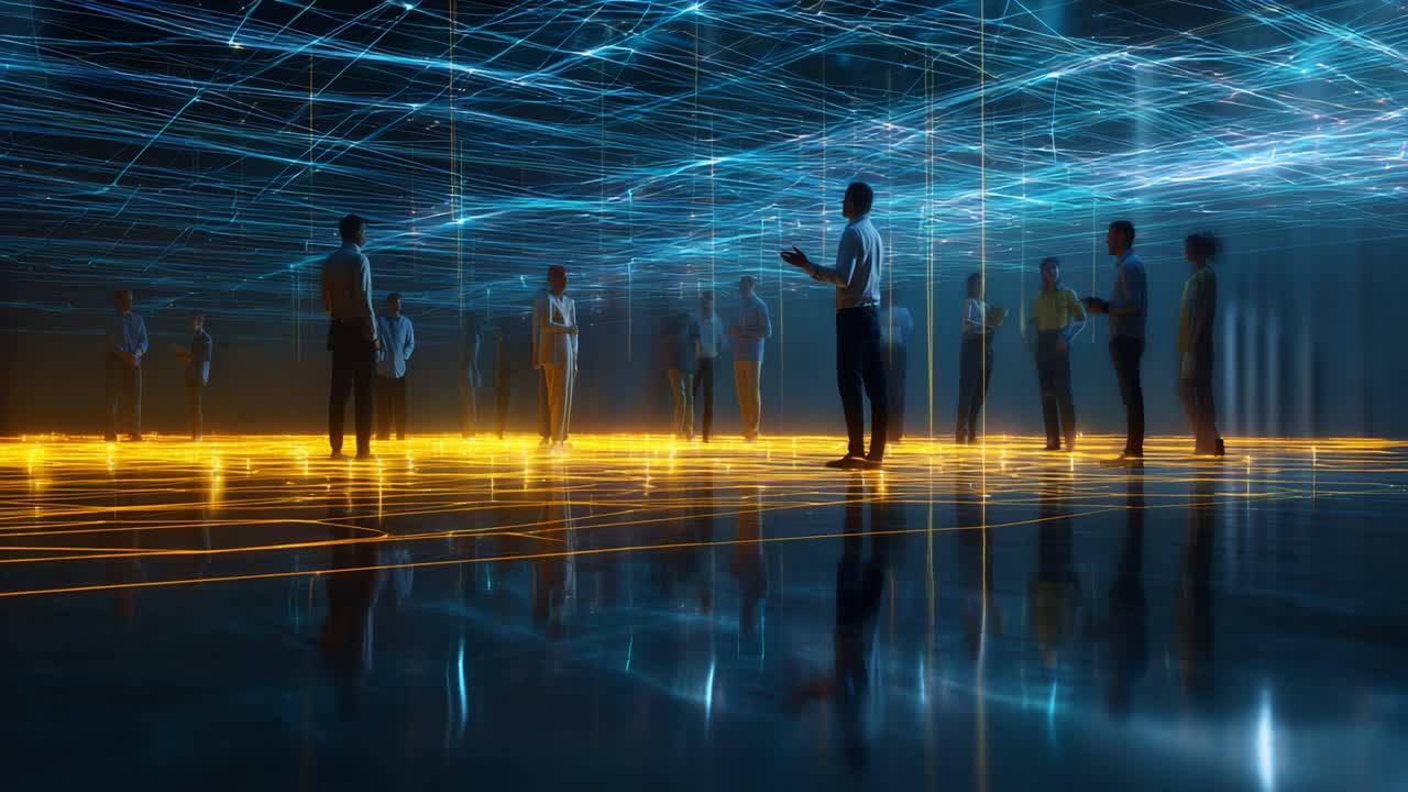 A group of individuals engaged in a discussion in a vividly illuminated digital space, surrounded by beams of light and reflections on a glossy floor creating a futuristic atmosphere