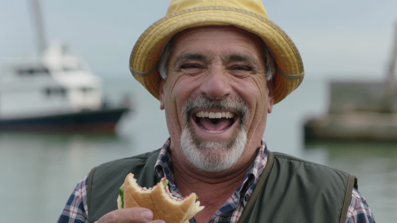 Laughing senior holding half-eaten sandwich in green vest at quay while camera zooming, smiling
