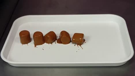 worker putting dipped chocolate marshmallows on tray