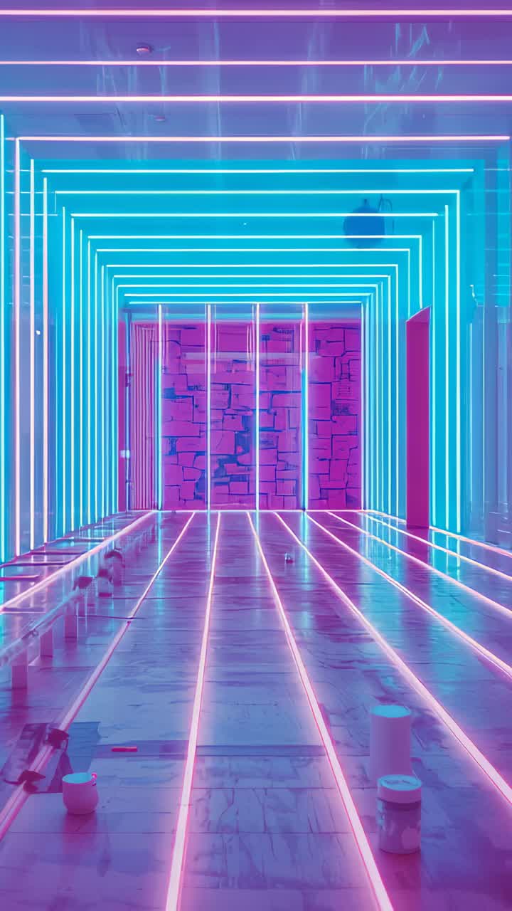 Vertical video: Moving camera forward through neon tunnel in hall, revealing LED frame progression