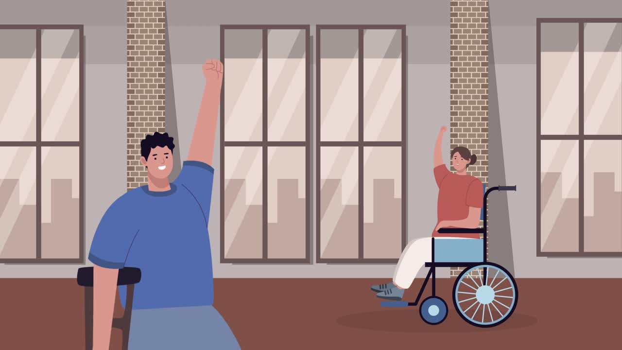 장애인들이 애니메이션 안에서 항의하고 있습니다.