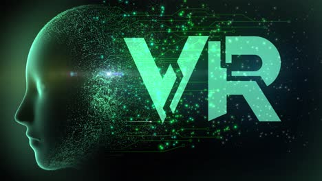 diseño de concepto gráfico animado de alta calidad que representa la tecnología de realidad virtual emergente con neuronas disparadas en circuitos y partículas que fluyen del cerebro ai, en un esquema de color verde azulado