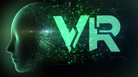 high quality animated graphical concept design depicting emerging virtual reality technology with firing neurons in circuitry and flowing particles from ai brain, in teal color scheme