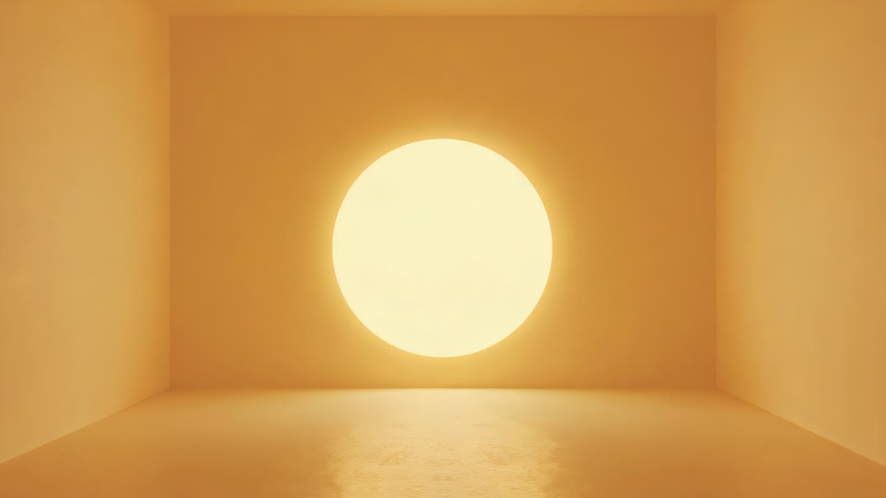 Pulsing large circular disk driven by subtle shifts, casting reflection on rectangular room floor