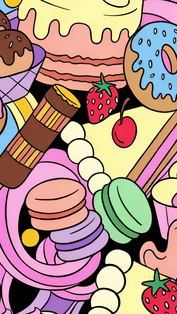 Vertical video: Showing pastel desserts on black backdrop, with drip cake, donut, ice cream