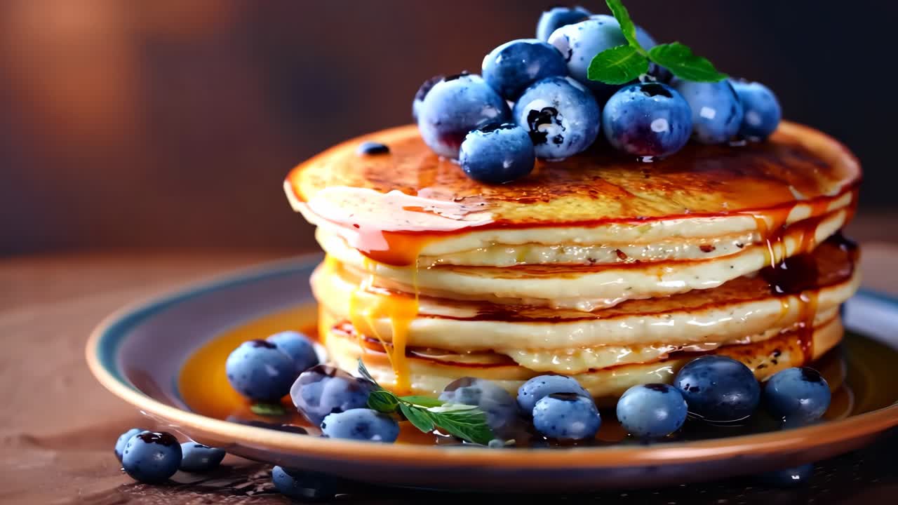 접시 위에 블루베리 와 시럽 을 가진 팬케이크 한 어리