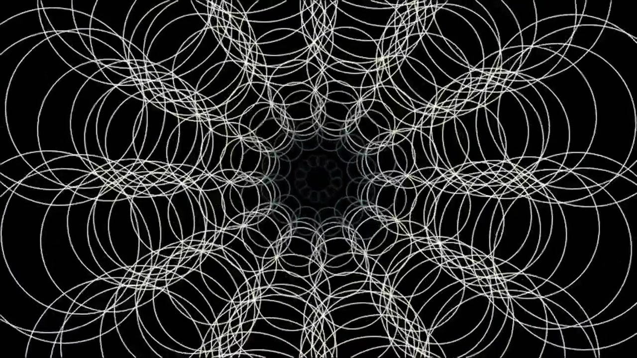 Animação Geométrica Abstrata de Círculos Brancos Intersectantes em Fundo Preto
