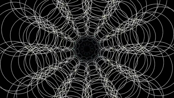 Animação Geométrica Abstrata de Círculos Brancos Intersectantes em Fundo Preto