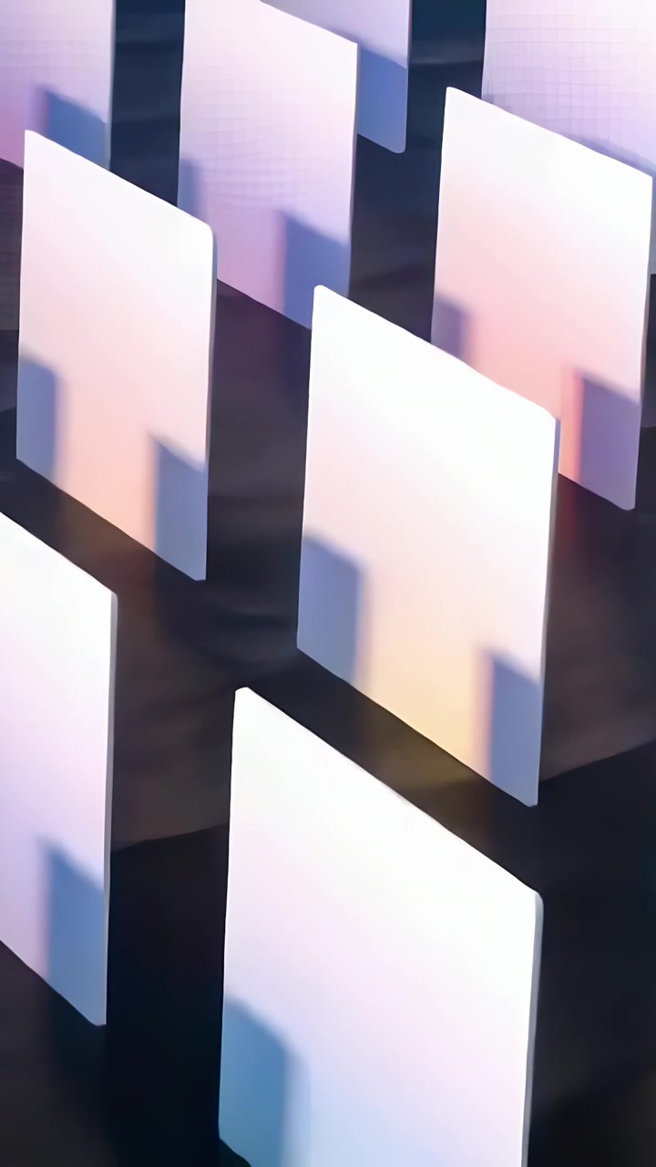 Vertical video: Panning camera revealing panel grid in studio on dark floor to expose pink shadows