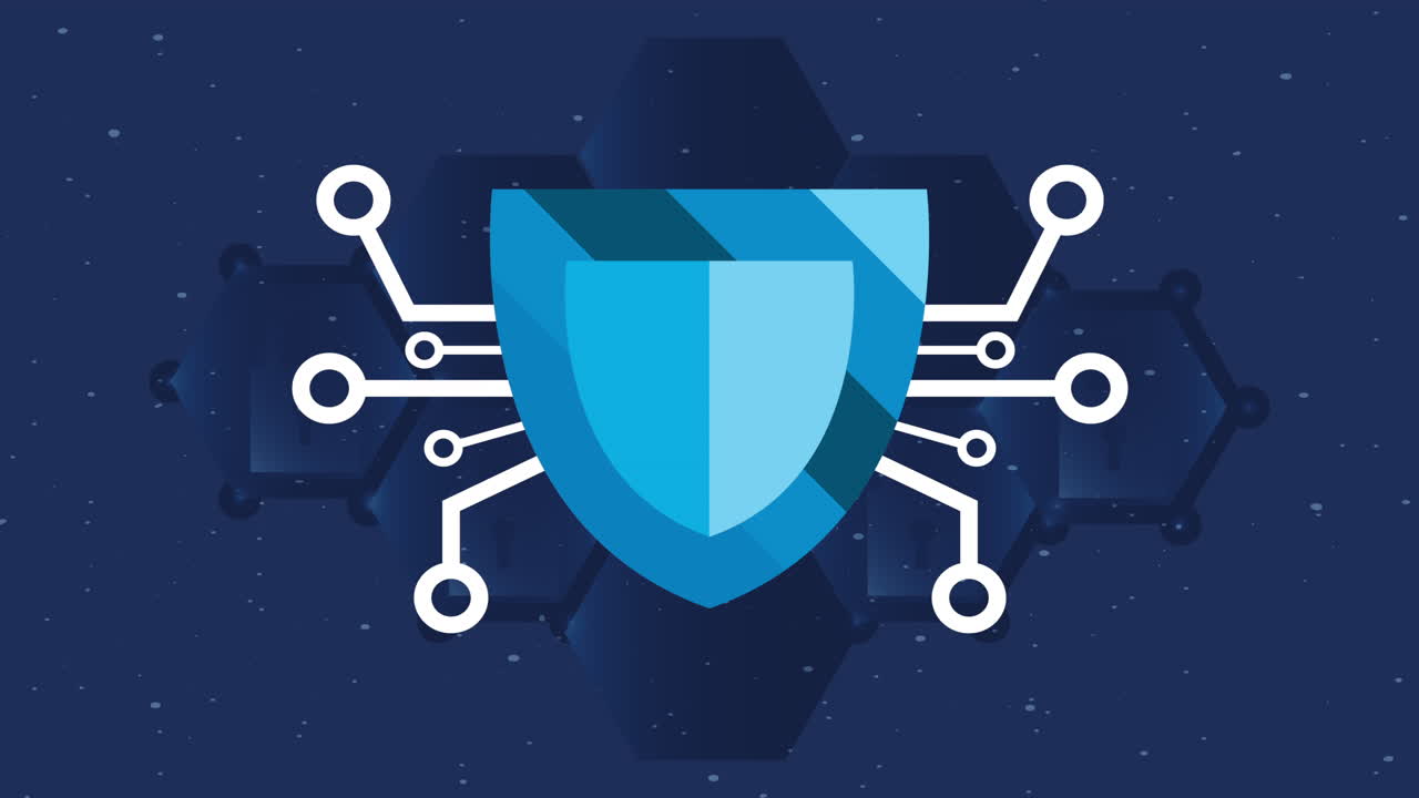 animación de datos de seguridad con escudo y circuito