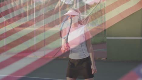 female athlete swinging racket on tennis court, integrating sports marketing flag overlay graphics