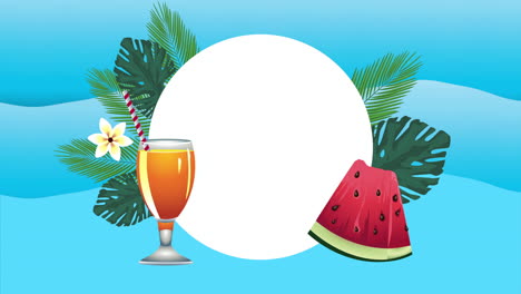 hello summer holiday poster with tropical cocktail and watermelon